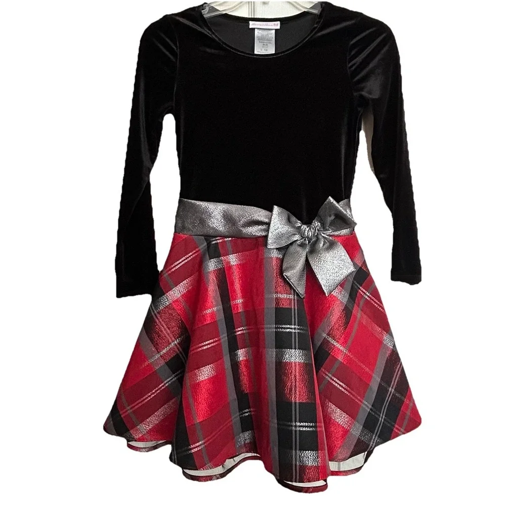 Bonnie Jean Girls Size 10 Drop Waist‎ Velvet Holiday Dress Red & Black Plaid